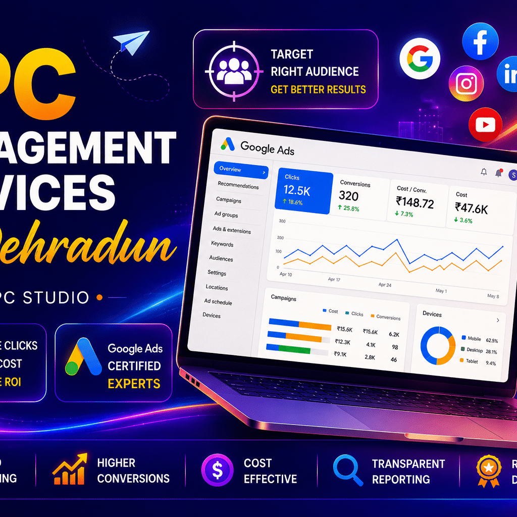 PPC management services with Google Ads dashboard, business growth analytics, and digital marketing visuals
